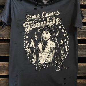 Distressed Black Graphic Tee - Here Comes Trouble